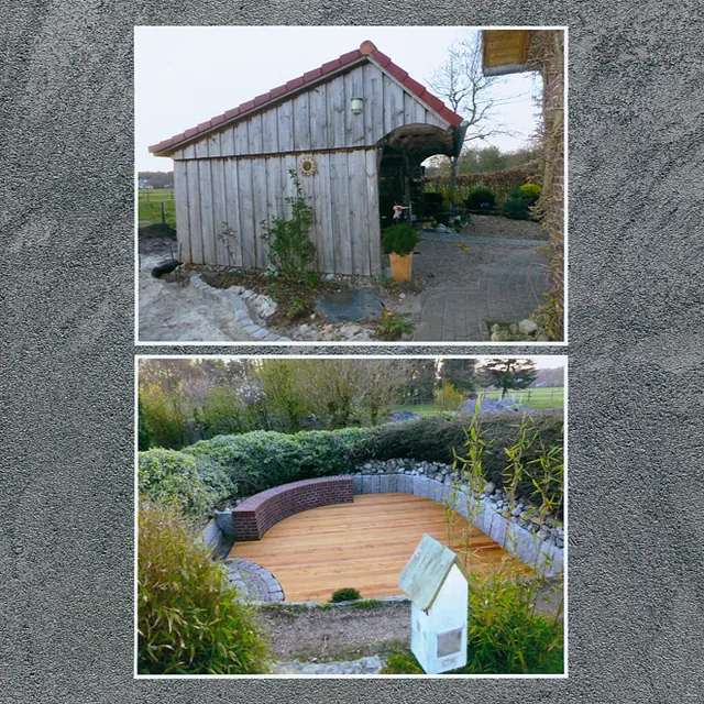 oben Remise / unten gemütliche Sitzecke im Garten